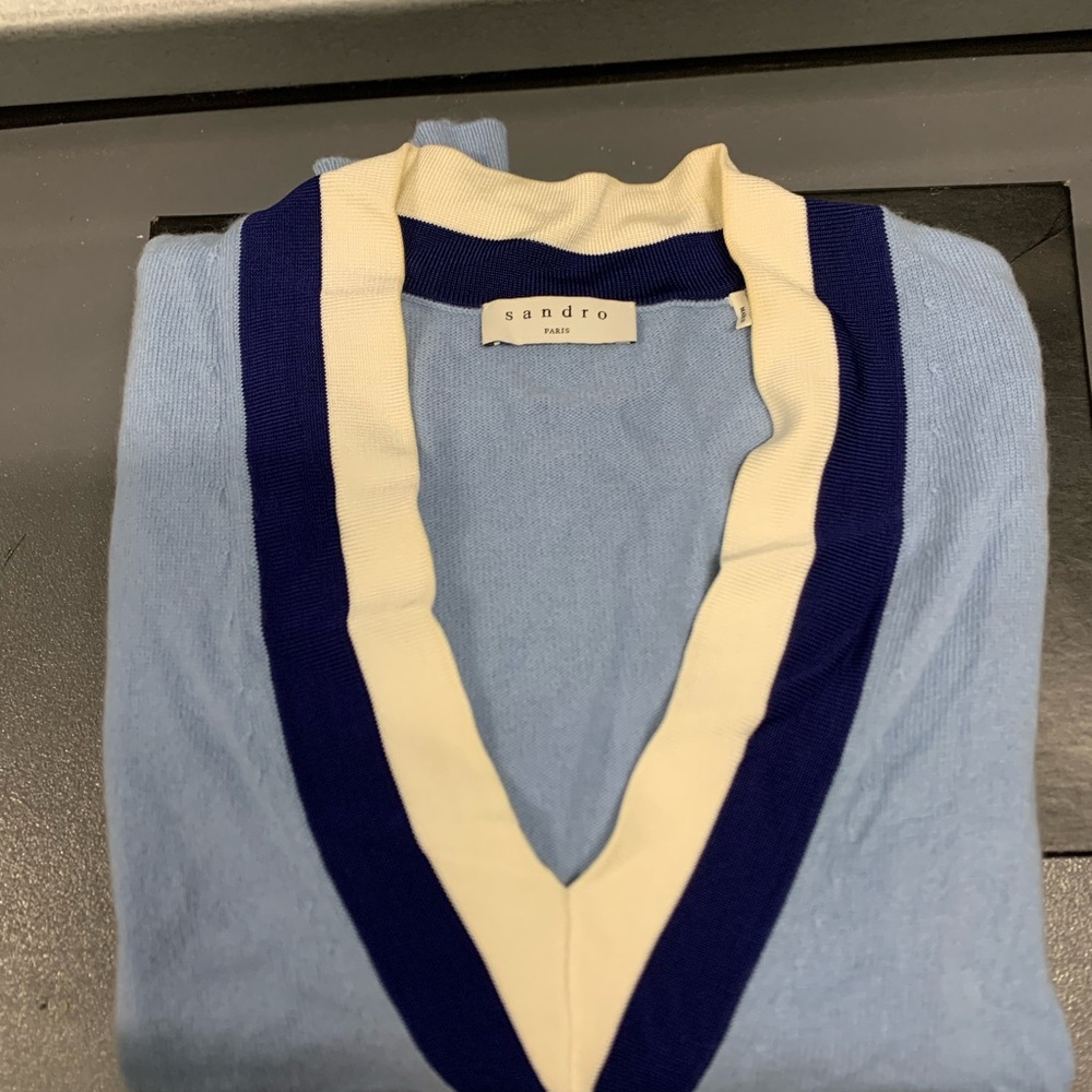 Sandro Pale Blue V-Neck Sweater with Navy and Cream Trim